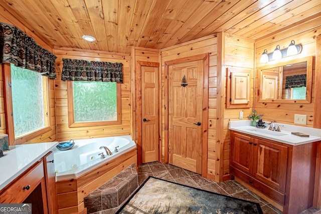 bathroom featuring wood walls, vanity, and wooden ceiling