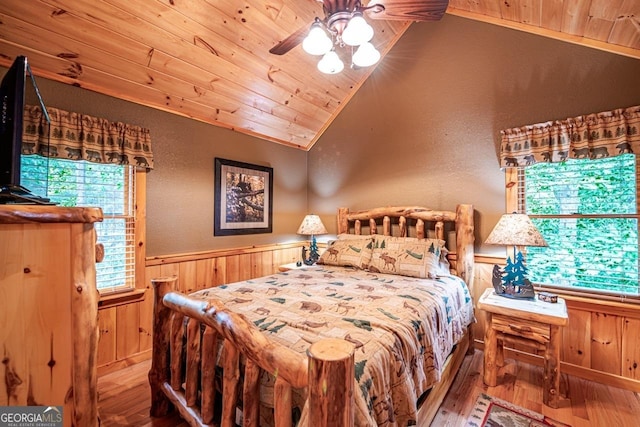 bedroom featuring ceiling fan, wooden ceiling, wood-type flooring, lofted ceiling, and wooden walls