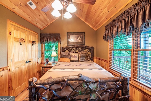 bedroom with vaulted ceiling, ceiling fan, wooden ceiling, and wood walls