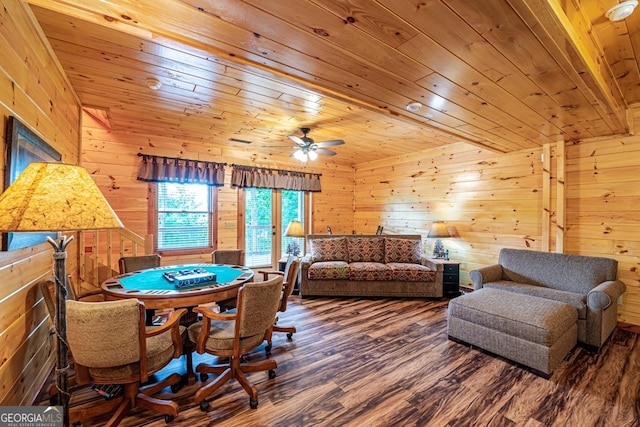 interior space featuring wood-type flooring, wooden walls, and wood ceiling