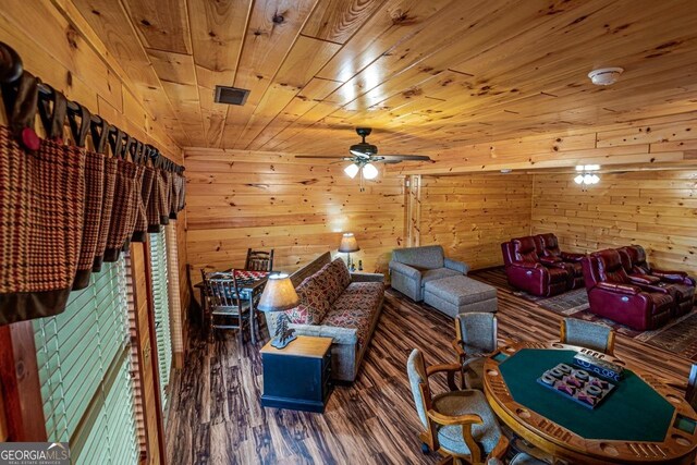 interior space featuring wood walls, dark hardwood / wood-style flooring, ceiling fan, and wooden ceiling