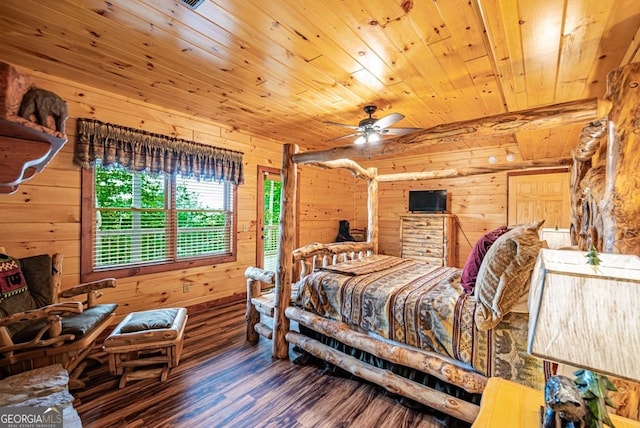 bedroom with wood ceiling, ceiling fan, wood-type flooring, and wooden walls