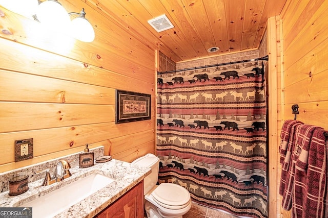 bathroom featuring tile patterned floors, wood walls, toilet, vanity, and wood ceiling