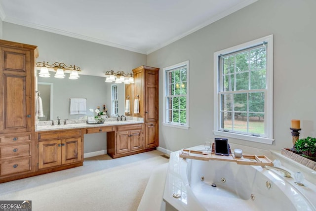 bathroom with crown molding, a washtub, vanity, and a wealth of natural light