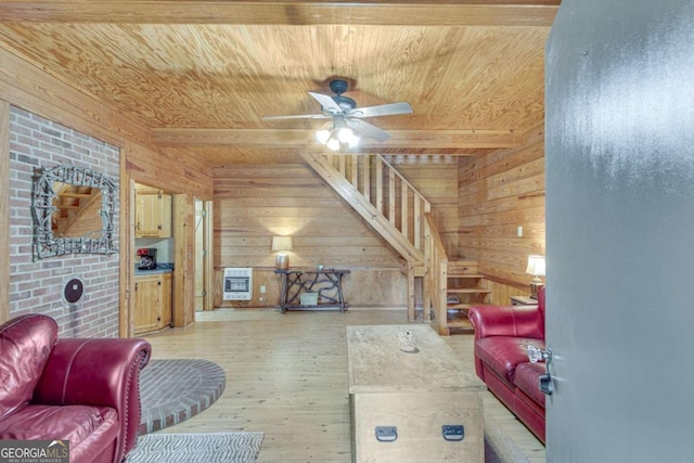 living room featuring wooden walls, ceiling fan, wood ceiling, hardwood / wood-style flooring, and heating unit