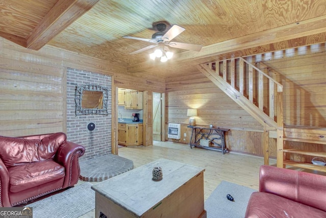 living room with wooden walls, wood ceiling, light hardwood / wood-style floors, and heating unit