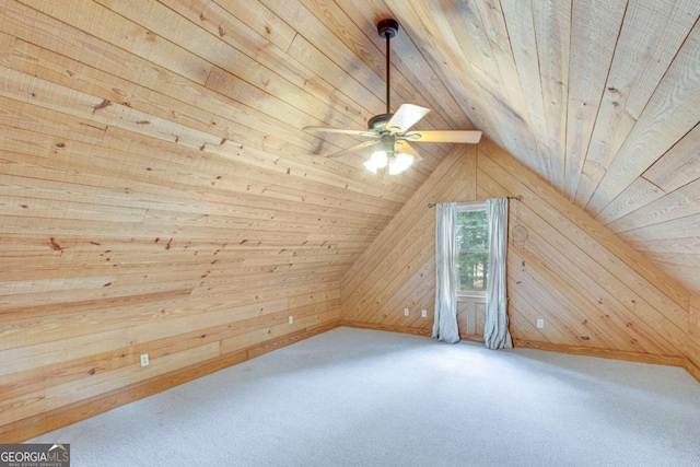 additional living space with ceiling fan, wooden walls, lofted ceiling, and wooden ceiling