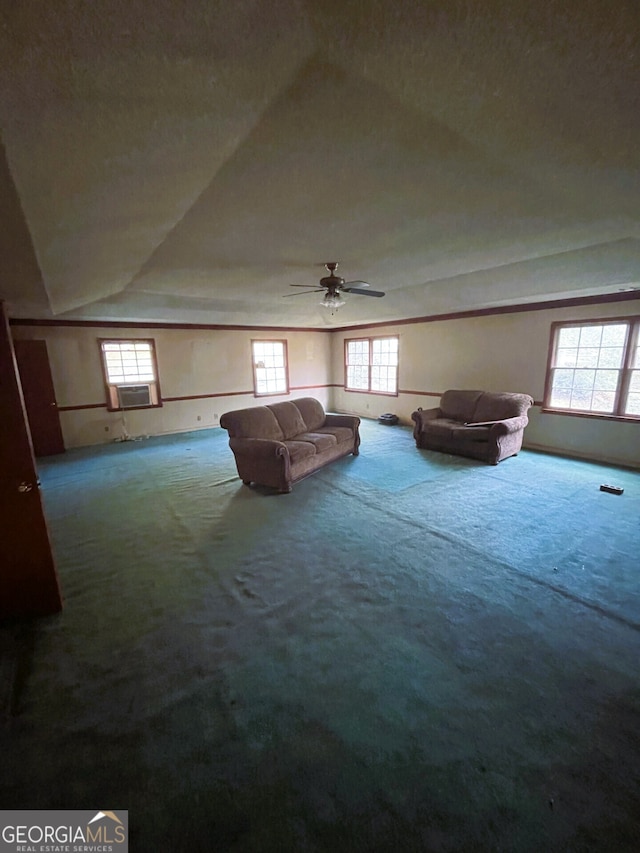 additional living space with a textured ceiling, carpet, lofted ceiling, and ceiling fan