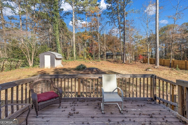 wooden deck featuring a storage shed