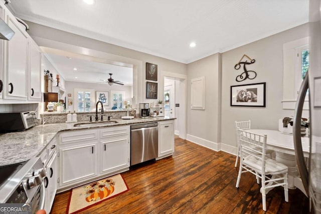 kitchen featuring sink, plenty of natural light, white cabinetry, stainless steel appliances, and dark hardwood / wood-style flooring