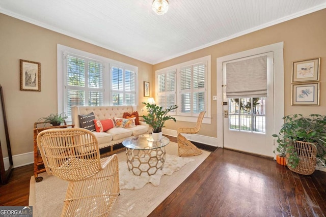 living area featuring dark wood-type flooring and ornamental molding