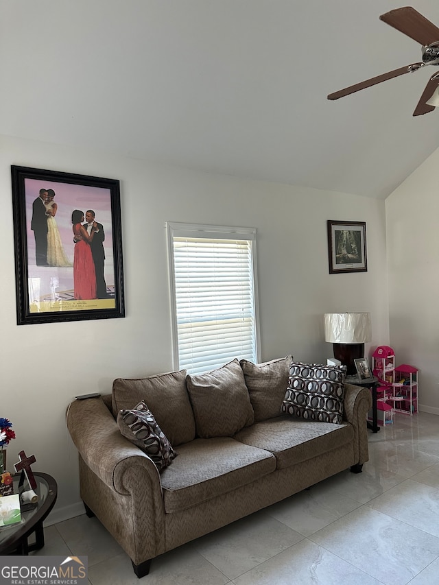 living room with vaulted ceiling and ceiling fan