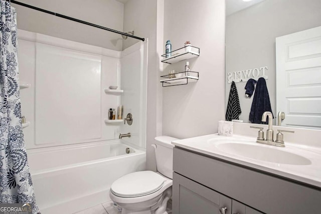 full bathroom featuring tile patterned floors, toilet, shower / tub combo, and vanity