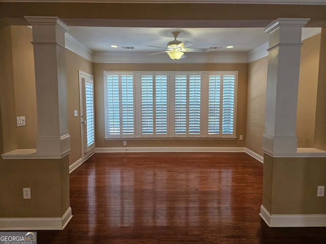 interior space with ornate columns, dark hardwood / wood-style flooring, a wealth of natural light, and ceiling fan