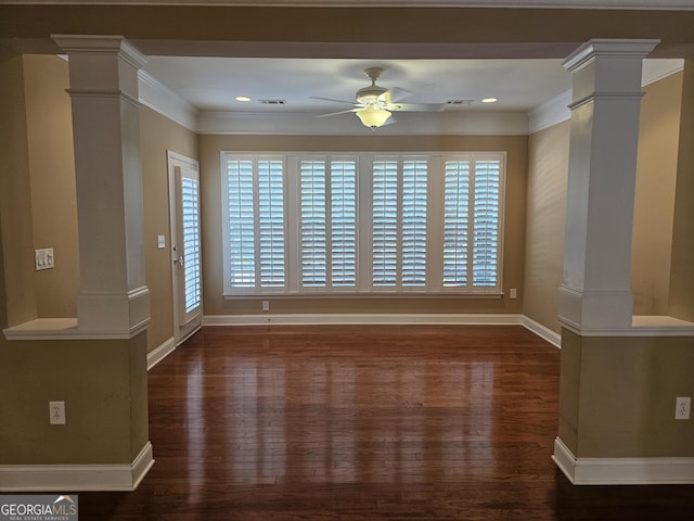 5911 Chimney Rock Dr, Hoschton, GA 30548 - unfurnished dining area featuring ceiling fan, recessed lighting, baseboards, wood finished floors, and ornate columns