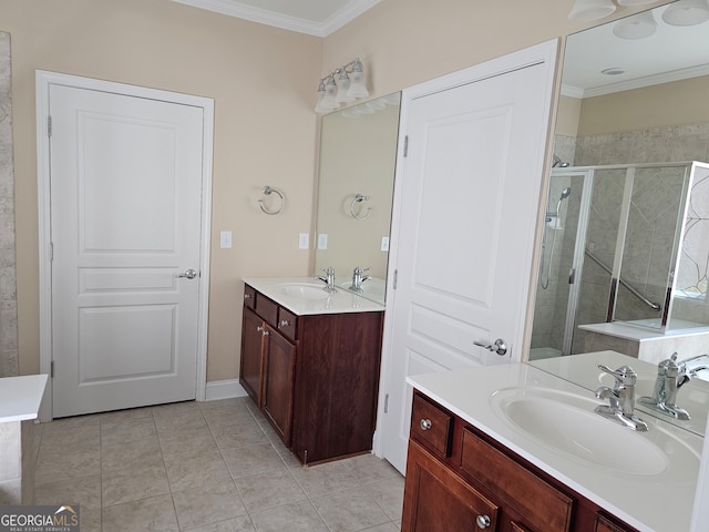 bathroom featuring crown molding, tile patterned flooring, vanity, and a shower with shower door