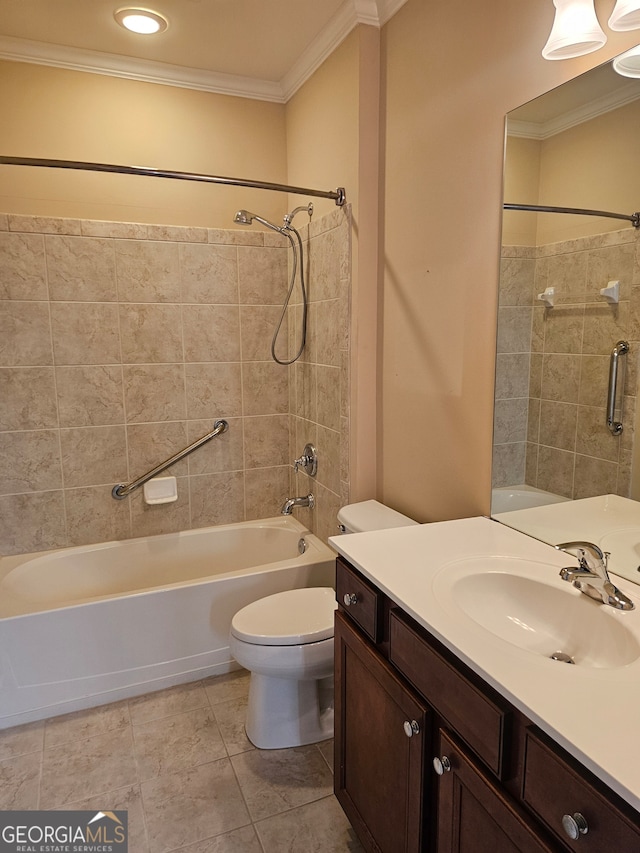 full bathroom with vanity, tiled shower / bath combo, tile patterned flooring, crown molding, and toilet