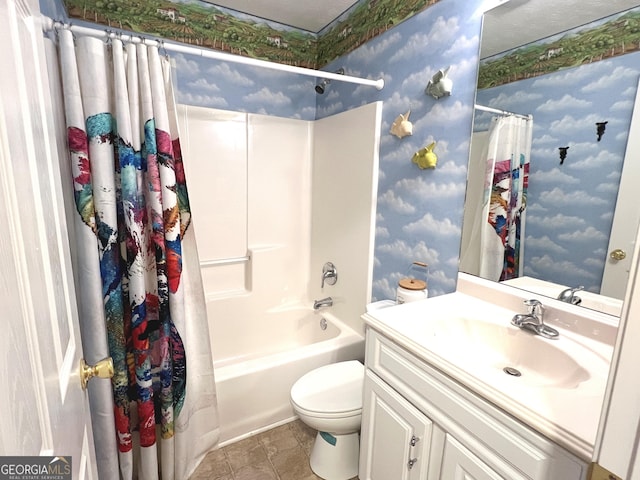 full bathroom with shower / bath combination with curtain, vanity, toilet, and tile patterned flooring