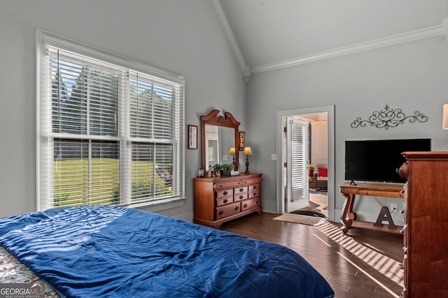 bedroom featuring ornamental molding, vaulted ceiling, and dark hardwood / wood-style flooring