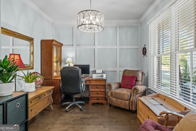 home office with ornamental molding, a notable chandelier, and dark hardwood / wood-style floors