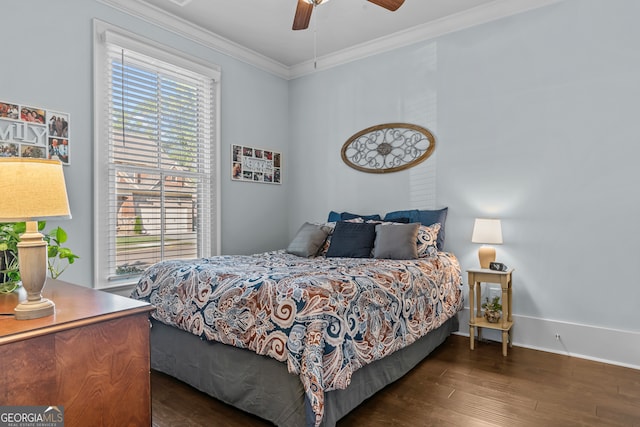 bedroom featuring ornamental molding, multiple windows, ceiling fan, and dark hardwood / wood-style flooring