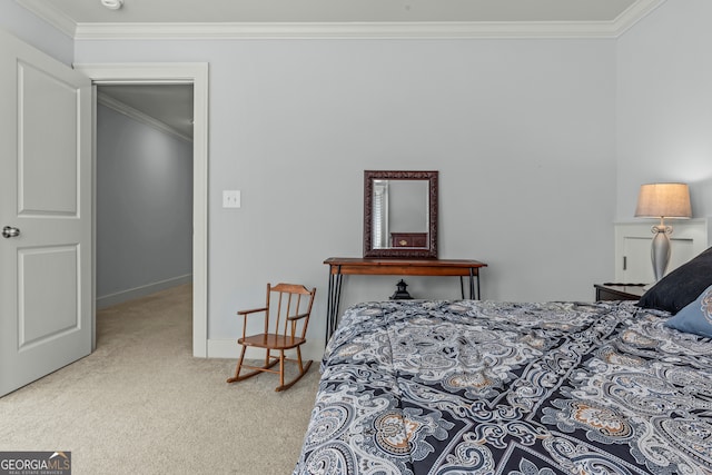 bedroom featuring light carpet and crown molding