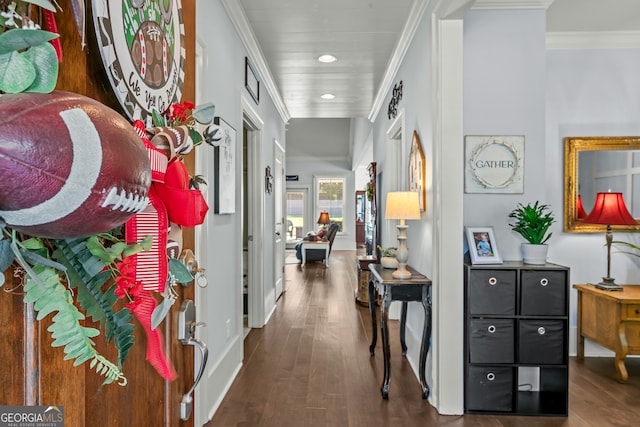 hallway featuring ornamental molding and dark hardwood / wood-style floors