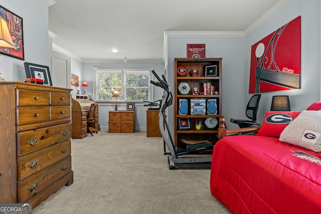 bedroom with light colored carpet and crown molding