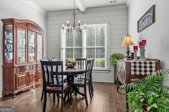 dining space with wood walls, ornamental molding, beam ceiling, an inviting chandelier, and dark hardwood / wood-style flooring