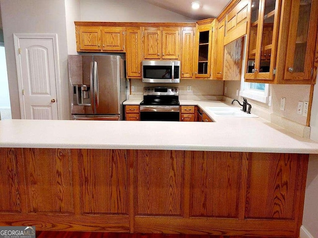 kitchen featuring sink, lofted ceiling, and appliances with stainless steel finishes