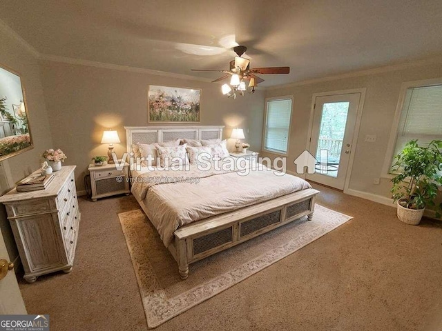 carpeted bedroom with access to outside, ceiling fan, and crown molding