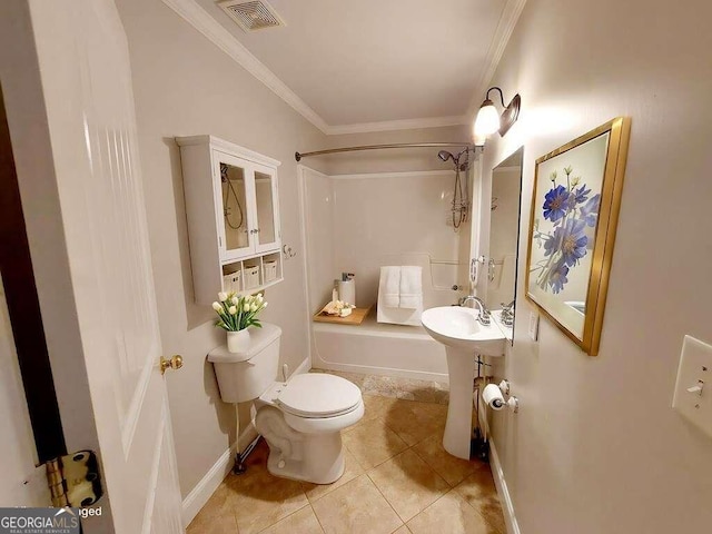 full bathroom with tile patterned floors, crown molding, sink, shower / bathing tub combination, and toilet