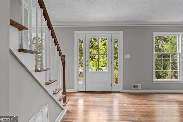 foyer entrance featuring a healthy amount of sunlight, light hardwood / wood-style floors, and a textured ceiling