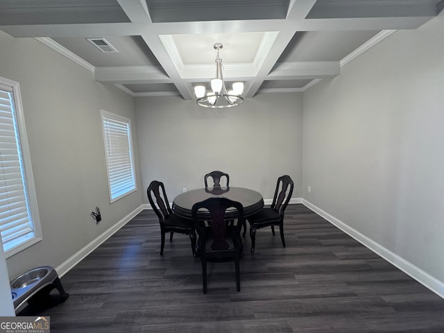 dining space featuring dark wood-type flooring, crown molding, a notable chandelier, and beamed ceiling