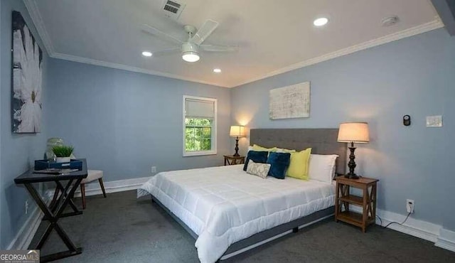 bedroom featuring ornamental molding, ceiling fan, and dark carpet