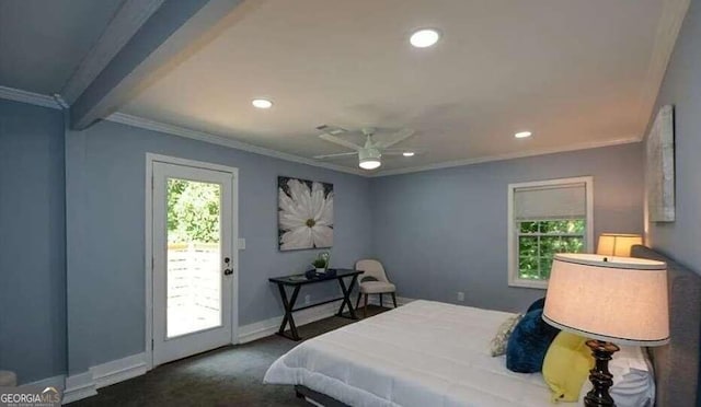 carpeted bedroom with ornamental molding, access to exterior, beam ceiling, and ceiling fan