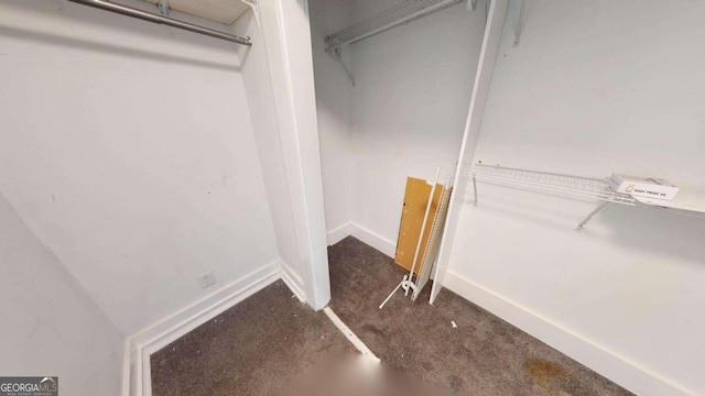 walk in closet with dark carpet