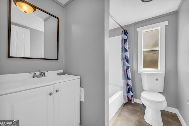 full bathroom with shower / bath combo, tile patterned floors, toilet, and vanity