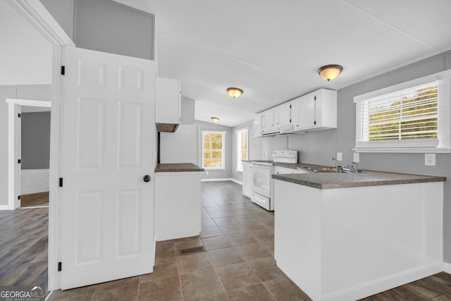 kitchen with hardwood / wood-style floors, white range with electric stovetop, sink, lofted ceiling, and white cabinetry