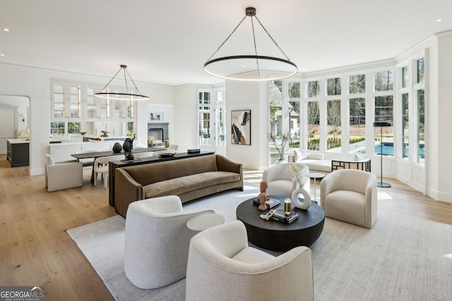 living room featuring light hardwood / wood-style floors, plenty of natural light, and crown molding