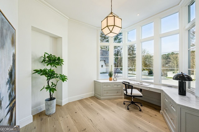 office with light hardwood / wood-style flooring and ornamental molding