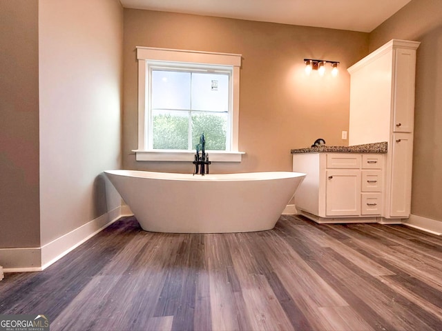 bathroom with hardwood / wood-style flooring, vanity, and a tub