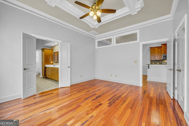 interior space with a raised ceiling, ornamental molding, light hardwood / wood-style floors, and ceiling fan