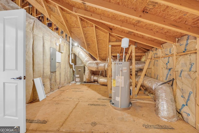 unfinished attic with electric panel and water heater