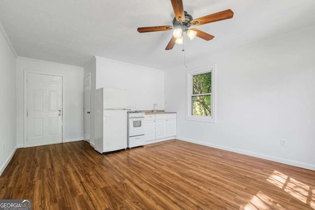 interior space with ceiling fan, ornamental molding, sink, and dark wood-type flooring