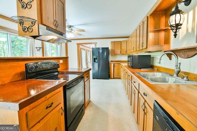 kitchen featuring ceiling fan, pendant lighting, ornamental molding, sink, and black appliances