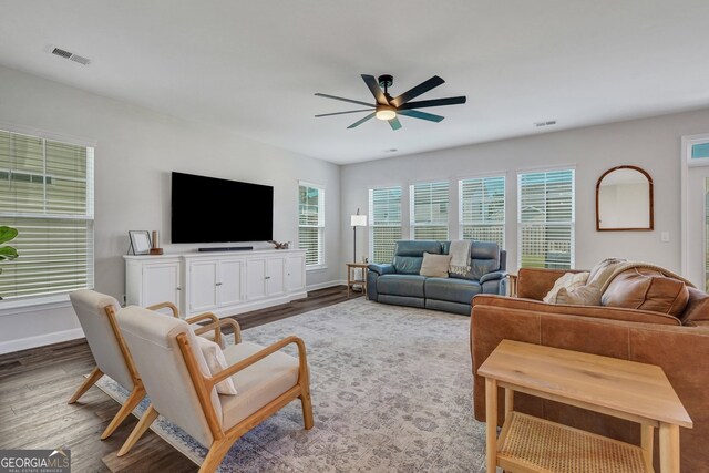 22 Allston Ln, Savannah, GA 31407 - living room featuring baseboards, ceiling fan, wood finished floors, and visible vents