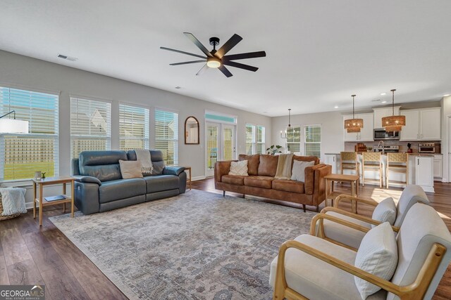 22 Allston Ln, Savannah, GA 31407 - living room with recessed lighting, a ceiling fan, dark wood-style flooring, and visible vents