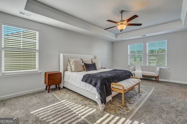 22 Allston Ln, Savannah, GA 31407 - bedroom featuring ceiling fan, a raised ceiling, carpet, baseboards, and visible vents