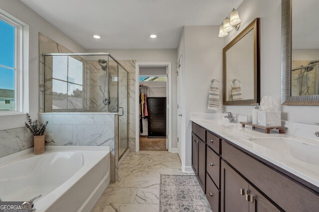 22 Allston Ln, Savannah, GA 31407 - bathroom with a sink, marble finish floor, a bath, and a shower stall